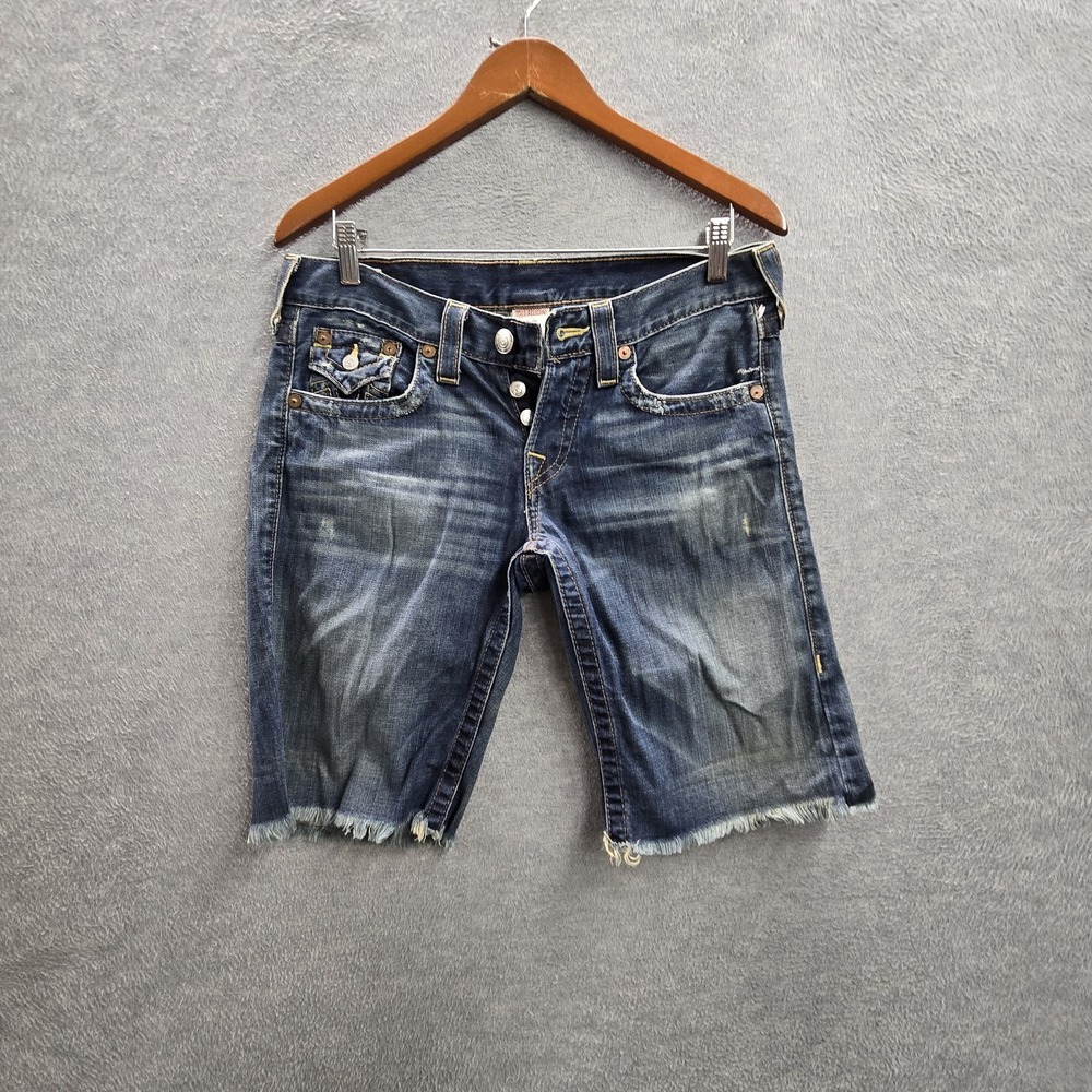 True Religion Women Shorts 26 Blue Denim Riley Button Fly Cutoff 12" Inseam